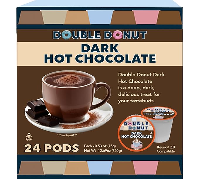 Double Donut Dark Hot Chocolate Pods for Keurig K Cups Brewers, Single Serve Dark Hot Cocoa Pods