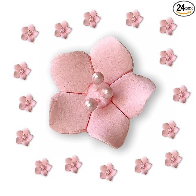 Global Sugar Art Blossom Sugar Cake Flowers with Pearl Stamens, Pink Unwired, 24 Count by Chef Alan
