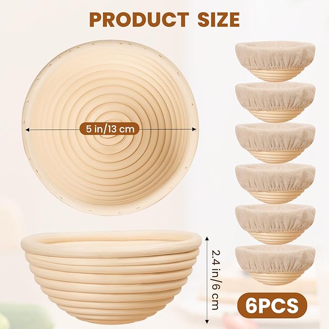 5 Inch Banneton Bread Proofing Basket Set of 6, Kikcoin Mini Sourdough Bread Baking Supplies, Small