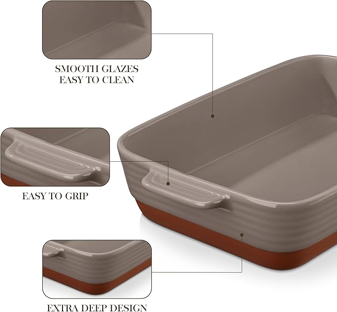 MALACASA 4.8 Qt Lasagne Dishes for Oven, 9 x 13 Inches Brown Ceramic Oven Dish with Handles, Deep