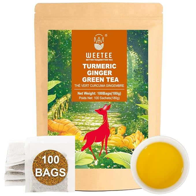 WT WEETEE Turmeric Ginger Green Tea Bags, 100 Count Made Turmeric, Ginger Root, Cinnamon and Honey