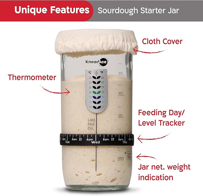 Sourdough Starter Jar With Date Marked Feeding Band, Thermometer, Sourdough Jar Scraper, Sourdough