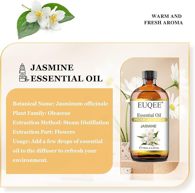 Jasmine Essential Oil 118ml Premium Jasmine Oil for Aromatherapy, Diffuser, DIY Soap, Candle Making