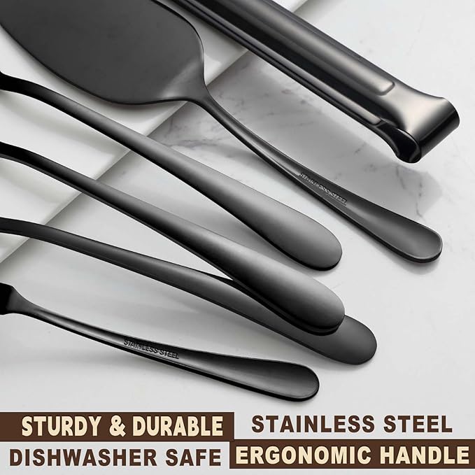BEWOS Black 20-Piece Serving Set, Black Slotted Spoons & Tongs, Forks, Cake Server & Butter Knife