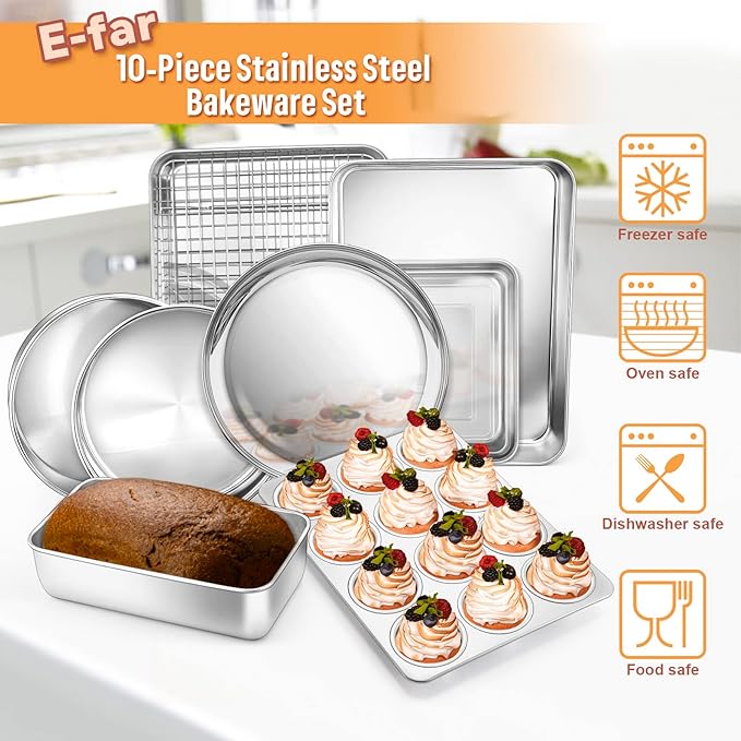 E-far 10-Piece Baking Pans set, Stainless Steel Bakeware Set for Oven, Include Cake Pan/Baking
