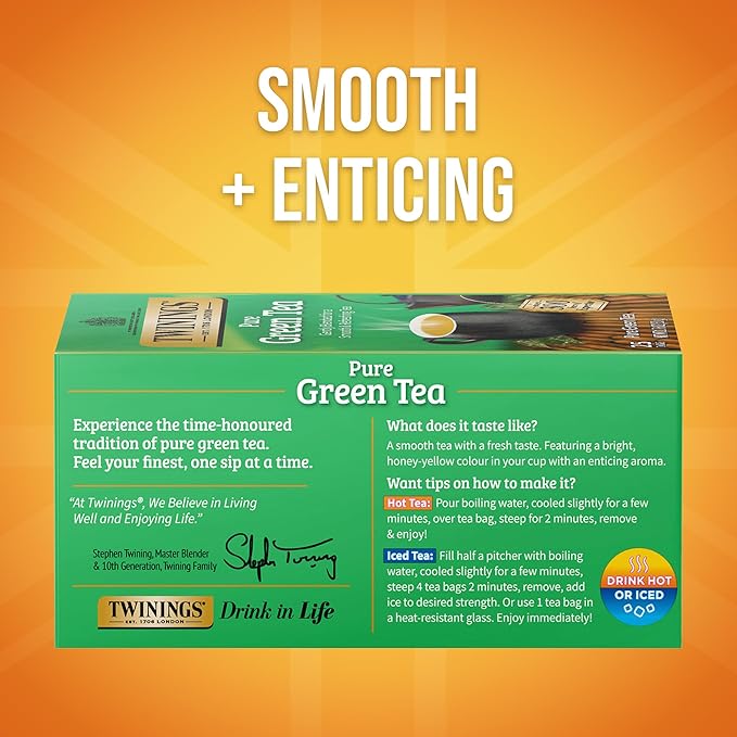 Twinings Pure Green Tea Individually Wrapped Bags, 25 Count (Pack of 6), Smooth Flavour, Enticing