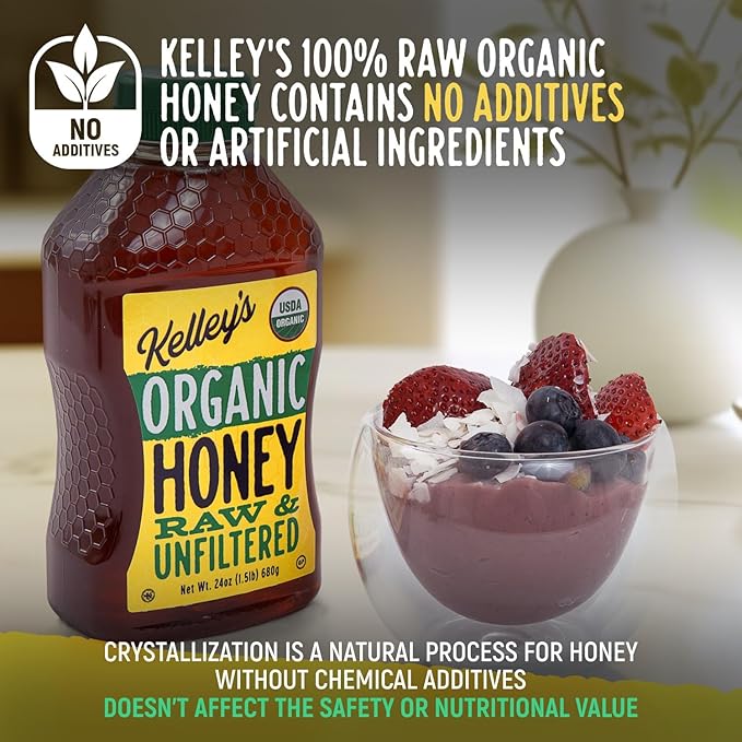 Kelley's 100% Organic Raw & Unfiltered Honey, USDA Certified, 24 Oz – All Natural, Flavor-Rich