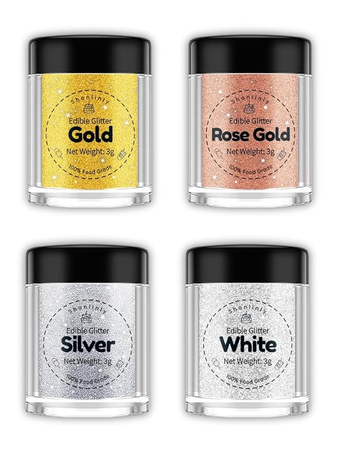 Shanlinly Edible Glitter Set - 4 Colors Food Grade Edible Glitters for Cake Strawberries Drink Dust