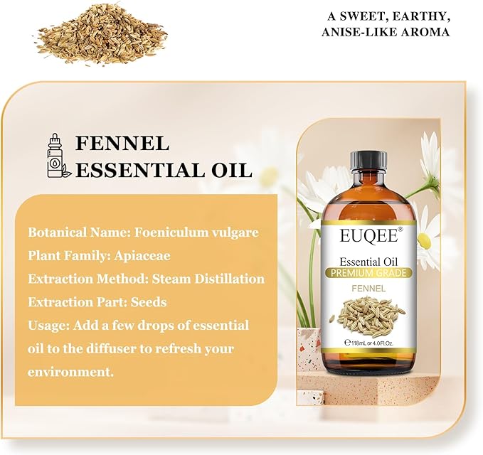 Fennel Essential Oil 4Fl.Oz Pure Fennel Oil with Glass Dropper for Skin, Aromatherapy, Diffuser
