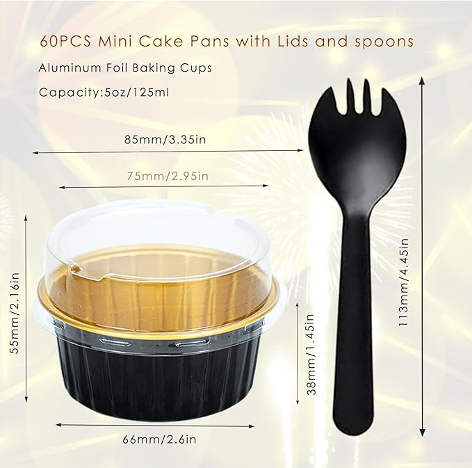 60 Pcs Mini Cake Pans with Lids,5oz Aluminum Foil Baking Cups Round Mini Disposable Ramekins 125ml