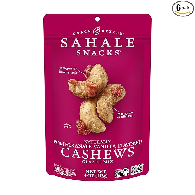 Sahale Snacks Pomegranate Vanilla Cashews, 4 oz Pouches (6 Packs) - Dry-Roasted Deluxe Mixed Nuts