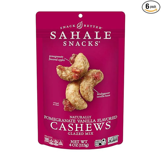 Sahale Snacks Pomegranate Vanilla Cashews, 4 oz Pouches (6 Packs) - Dry-Roasted Deluxe Mixed Nuts
