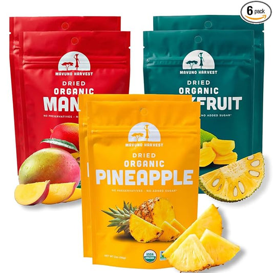 Mavuno Harvest Organic Dried Fruit Variety Pack | Dried Mango, Pineapple, and Jackfruit | Healthy