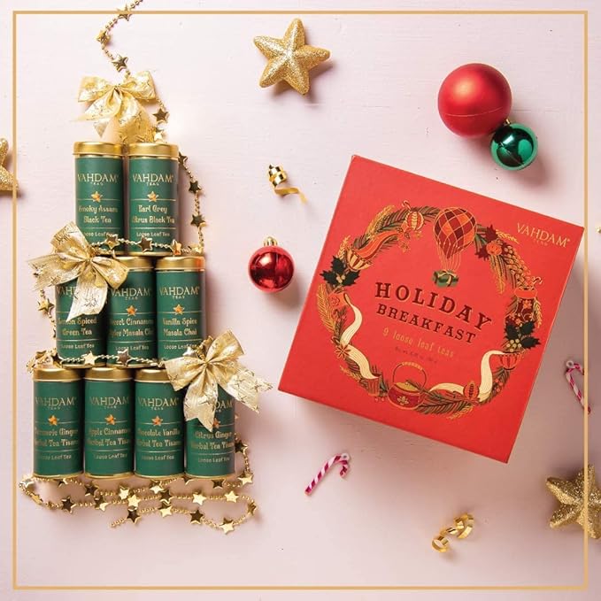 VAHDAM, Holiday Breakfast - Christmas Tea Gift Sets (90+ Cups) 9 Loose Leaf Tea - Luxury Gift Box |