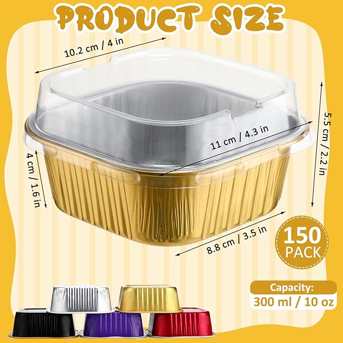 Aoriher 150 Pieces 10 oz Mini Cake Pans with Lids Aluminum Foil Baking Cups Square Disposable 4" x