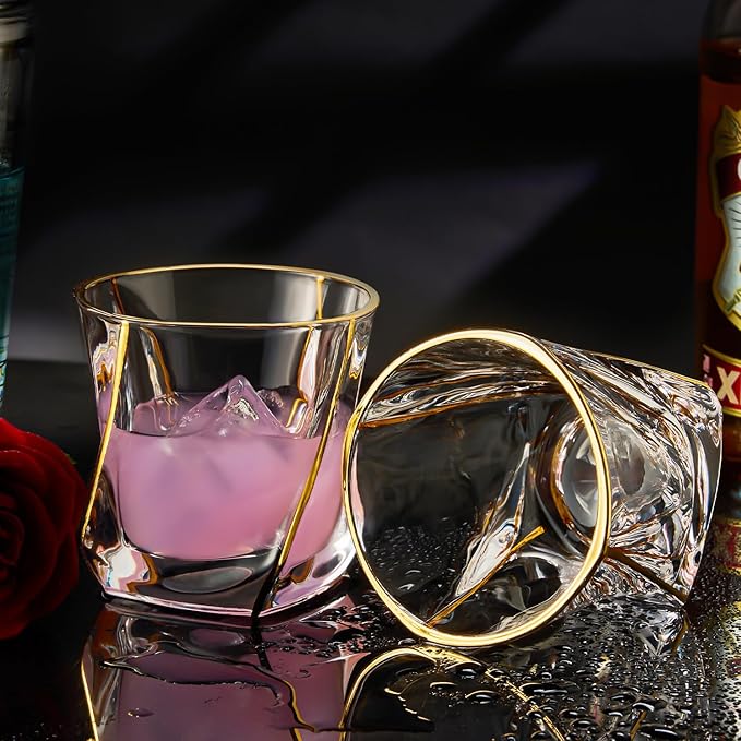 Crystal Whiskey Glasses Set of 2 with 24K Gold Rim,Bar Glasses,Twisted Whiskey Glass Gold