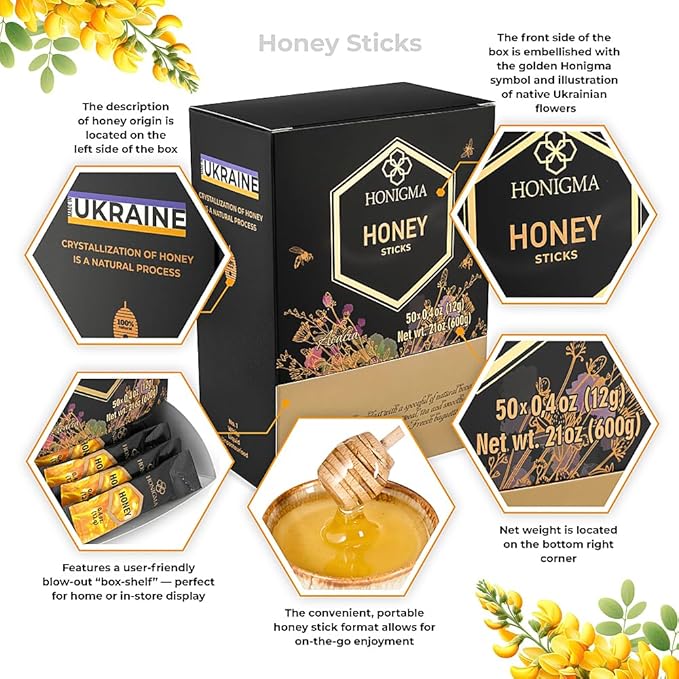 HONIGMA® Pure Ukrainian Acacia Honey Sticks – Deliciously Sweet – Sustainably Sourced – 50 Count