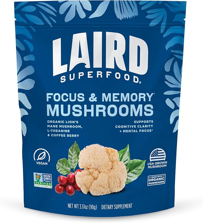 Laird Superfood Organic Focus and Memory Mushroom Blend with Lion?™s Mane, L-Theanine, and Coffee