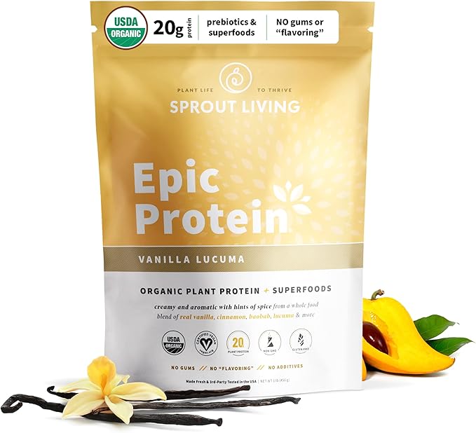 Sprout Living Epic Protein, Plant Based Protein & Superfoods Powder, Vanilla Lucuma Powder | 20