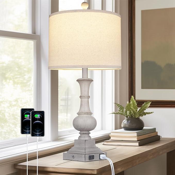 26" Farmhouse Lamp with 2 USB Ports & AC Outlet, Vintage Rustic Touch Control Bedside Lamp, Resin