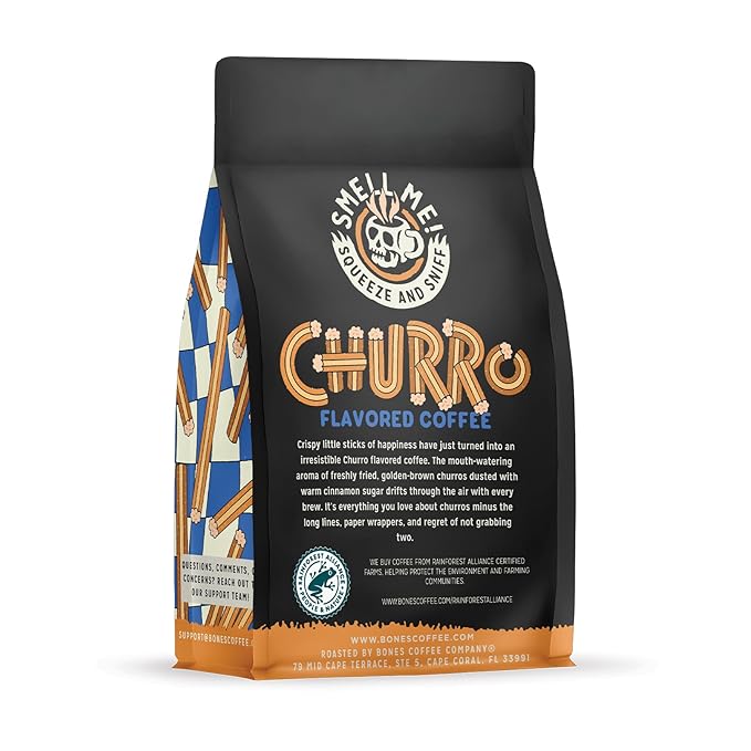 Bones Coffee Company Churro, Sweet Sugary Cinnamon Flavored Coffee, Medium Roast Low Acid Arabica