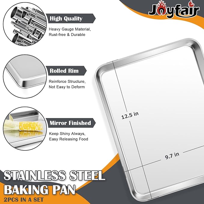 2Pcs Baking Sheet Pan Set, Joyfair Stainless Steel Cookie Sheets, Commercial Metal Pans Toaster