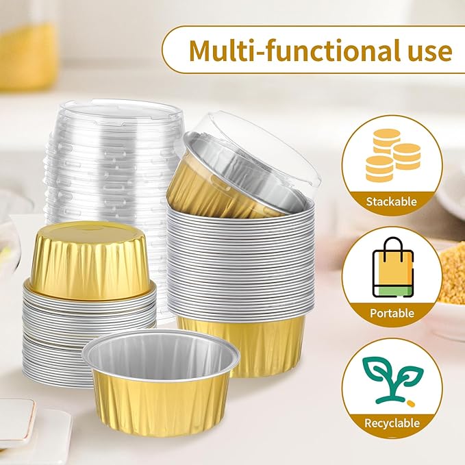 200Pack 5oz Gold Mini Cake Pans with Lids and Spoons Baking Cups Aluminum Foil Tins, Individual
