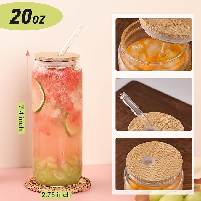 YUNCANG 6 Pack Bamboo Lid Glass Drinking Glasses with Glass Straw - 20-ounce Can Shaped Glassware
