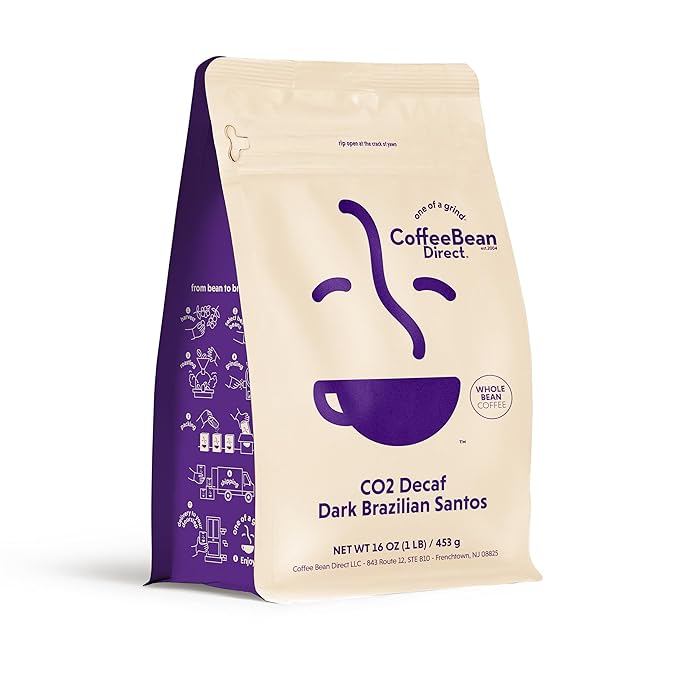 Coffee Bean Direct CO2 Decaf Dark Brazilian Santos, Whole Bean Coffee, Dark Roast, 1 Pound Bag
