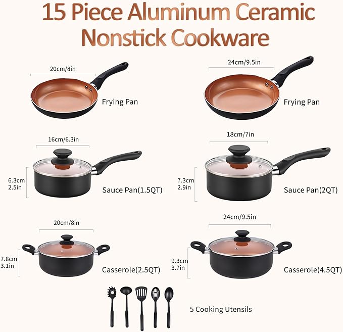 Ceramic Pots and Pans Set, 15PCS Nonstick Set Ceramic Cookware Set, Nonstick Pan Pots and Pans Set