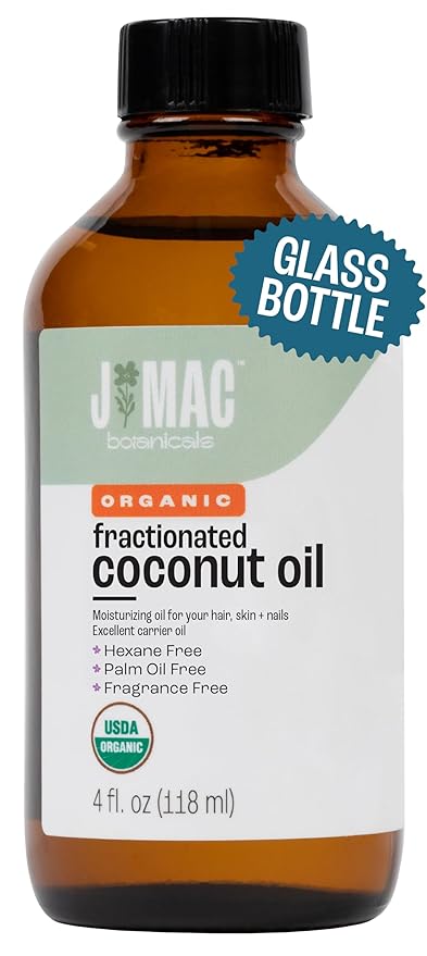 J MAC BOTANICALS Organic Fractionated Coconut Oil (4 oz Glass Bottle) Organic Carrier Oil and