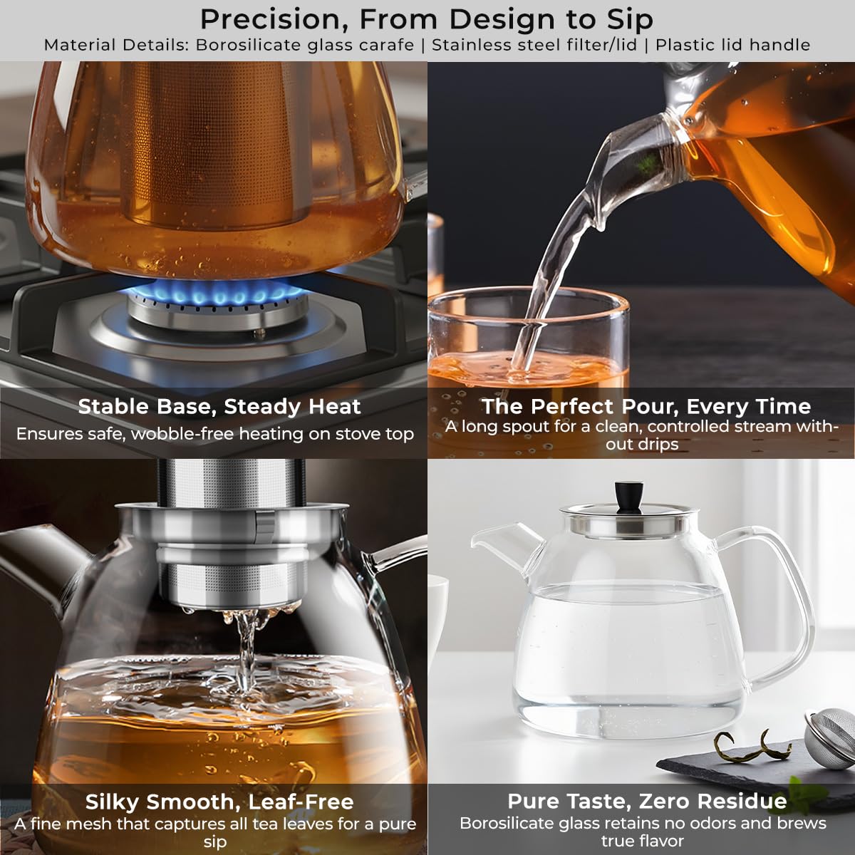 Aquach 42oz Glass Teapot with Infuser, Stovetop Safe Tea Kettle