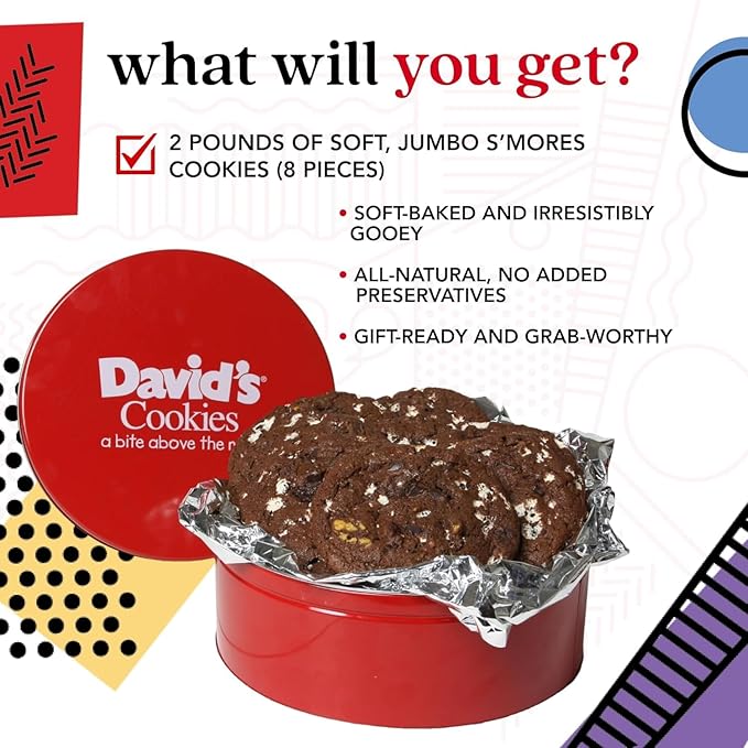 David's Cookies Fresh Baked Decadent Jumbo Smores Cookies Gift Basket Tin - Flavorful Gourmet