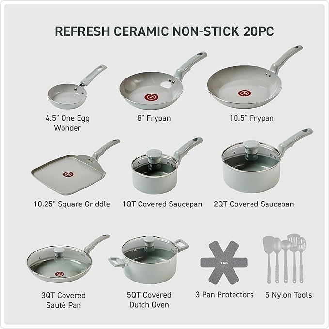 T-Fal Refresh Ceramic Pots and Pans Set, 20-Piece Nonstick Cookware Set, Stockpot, Griddle, Frying