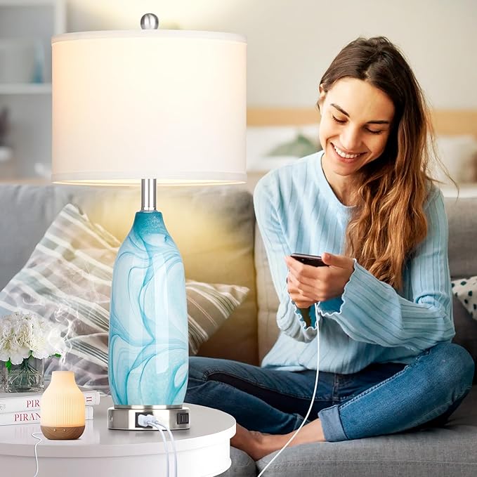 26" Coastal Table Lamps Set of 2, Modern Table Lamps with USB A+C Ports & AC Outlet, Touch Control
