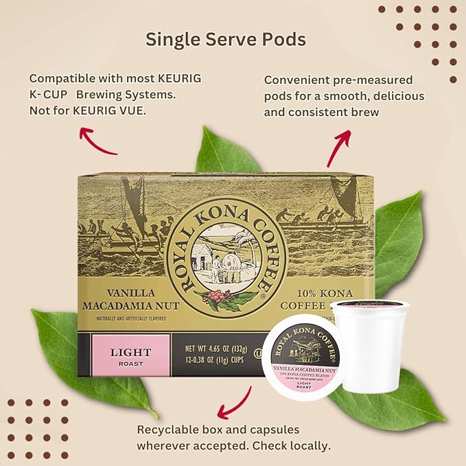Royal Kona Vanilla Macadamia Flavored, 10% Kona Coffee Blend, Light-Roast Single-Serve Coffee Pods
