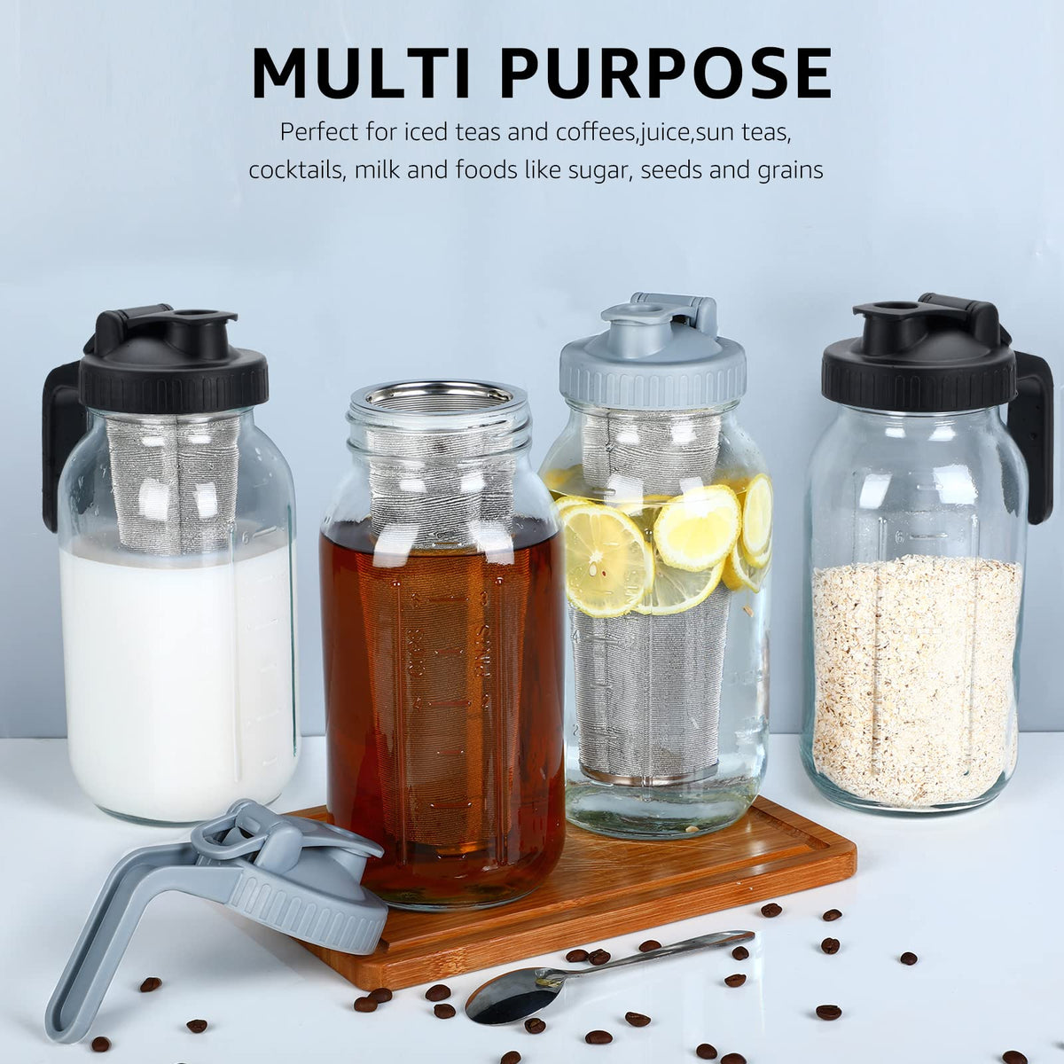 Cold Brew Mason Coffee Maker - 64oz Iced Coffee Pitcher with Stainless Steel Mixing Spoon & Super