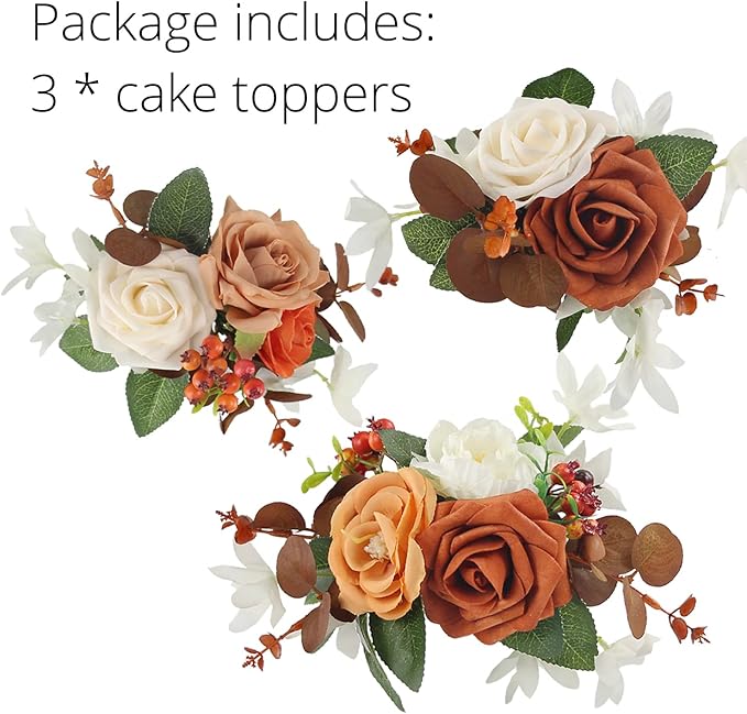 Rinlong 3Pcs Cake Topper Set Artificial Flowers for Cake Decor Burnt Orange Fall Wedding Cake
