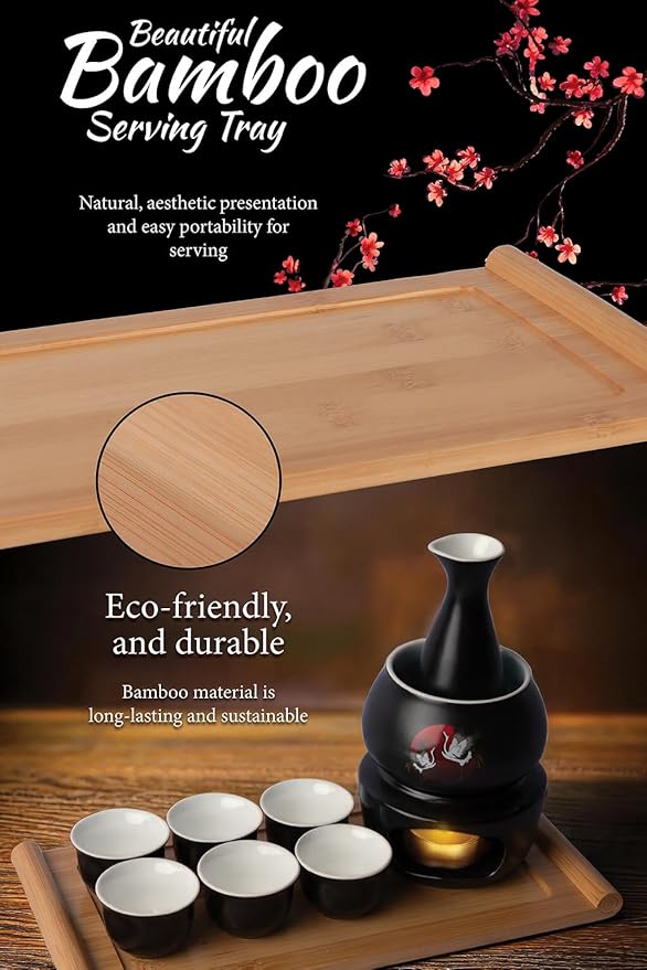 Japanese Sake Cup Set with 6 Ceramic Cups, 1 Ceramic Sake Bottle, 1 Ceramic Sake Warmer, Bamboo