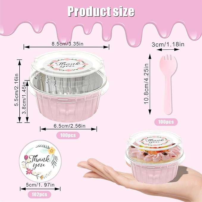 100 Pack Aluminum Foil Cuapcake Baking Cups w Lids Spoons and Stickers for Witch Pink Birthday