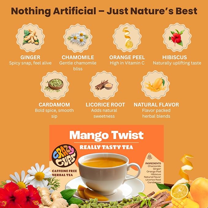 Crazy Cups Mango Twist Herbal Tea Pods, 22 Count | Caffeine Free, Kosher Certified, Fruity Tropical