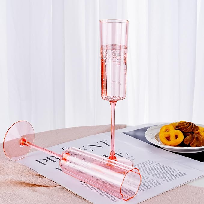 Ciaell 24 Pack Pink Plastic Champagne Flutes - 6 Oz Flower Wavy Champagne Glasses - Heavy Duty