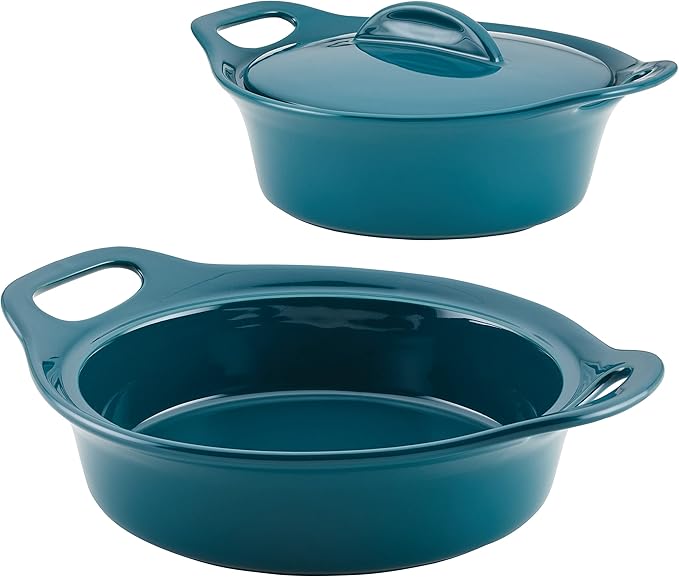Rachael Ray Solid Glaze Ceramics Casserole Bakeware/Baker Set with Shared Lid, 3 Piece, Teal