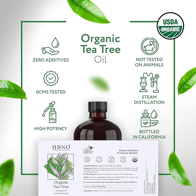 HBNO Organic Tea Tree Oil - Huge 16 oz (475ml) Large Size - Ideal for Diffusers, Cleaning Agents