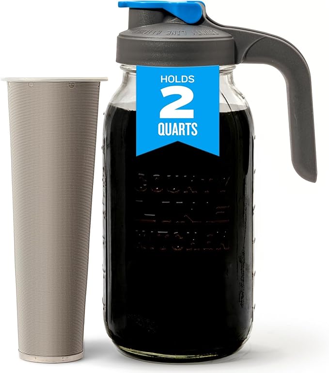 County Line Kitchen Glass Cold Brew Coffee Maker with Lid - Wide Mouth, 2 Quart (64 oz) - Heavy