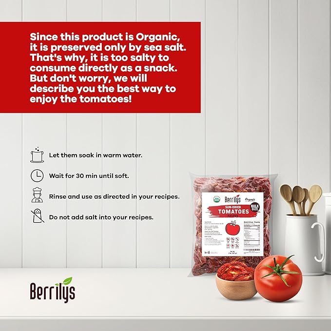 Sun-Dried Tomatoes, 2 LBS, USDA Organic, Berrilys, No Sulfur, No Preservatives, Seasalt is used as