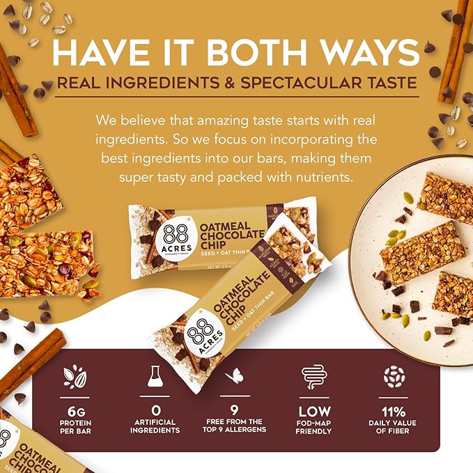 88 Acres Granola Bars | Oatmeal Chocolate Chip | Gluten Free, Nut-Free Oat and Seed Granola Bar |