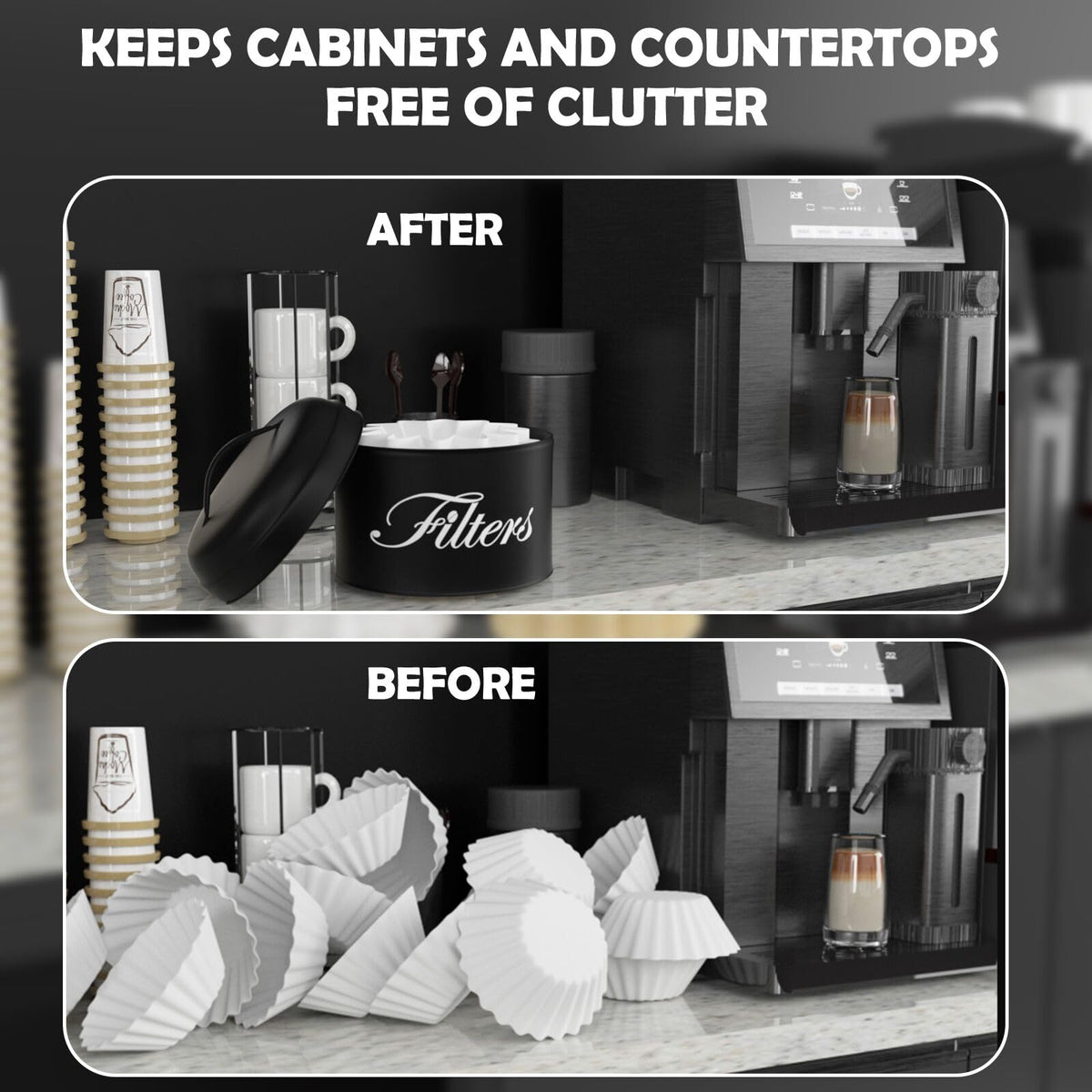 Black Basket Coffee Filter Holder With Lid - Round Container for Counter Storage - Rustic Farmhouse