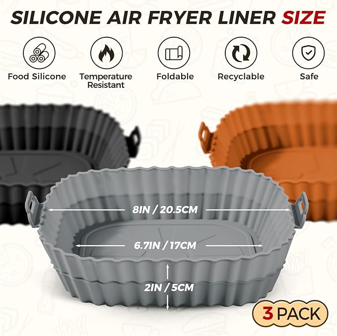 Buauty 3 Pack Air Fryer Silicone Liners 8inch Air Fryer Silicone Pot Reusable Food Grade Silicone