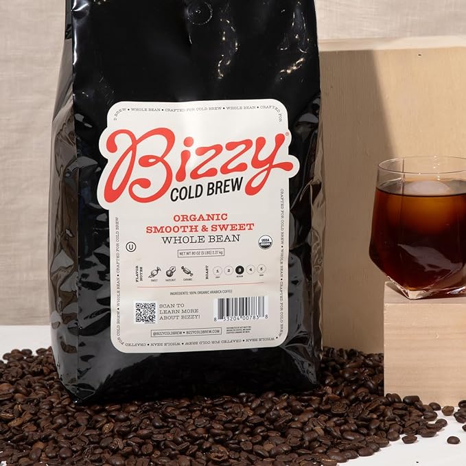 Bizzy Organic Cold Brew Coffee | Smooth & Sweet Blend | Whole Bean Coffee | Medium Roast | 100%
